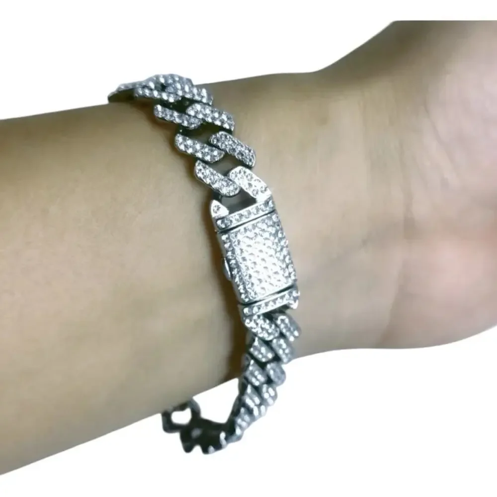 Silver Plated Cuban Rhinestone Bracelet